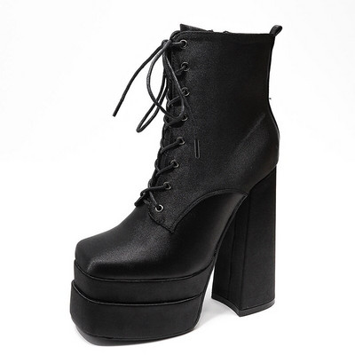 2022 Νέα γυναικεία μποτάκια αστραγάλου τετράγωνα ψηλοτάκουνα ψηλοτάκουνα παλτφόρμα γυναικεία παπούτσια Γυναικεία παπούτσια Pu Soild Color Lace Up Κοντές μπότες