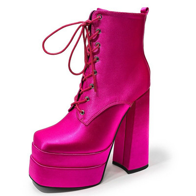 2022 Νέα γυναικεία μποτάκια αστραγάλου τετράγωνα ψηλοτάκουνα ψηλοτάκουνα παλτφόρμα γυναικεία παπούτσια Γυναικεία παπούτσια Pu Soild Color Lace Up Κοντές μπότες