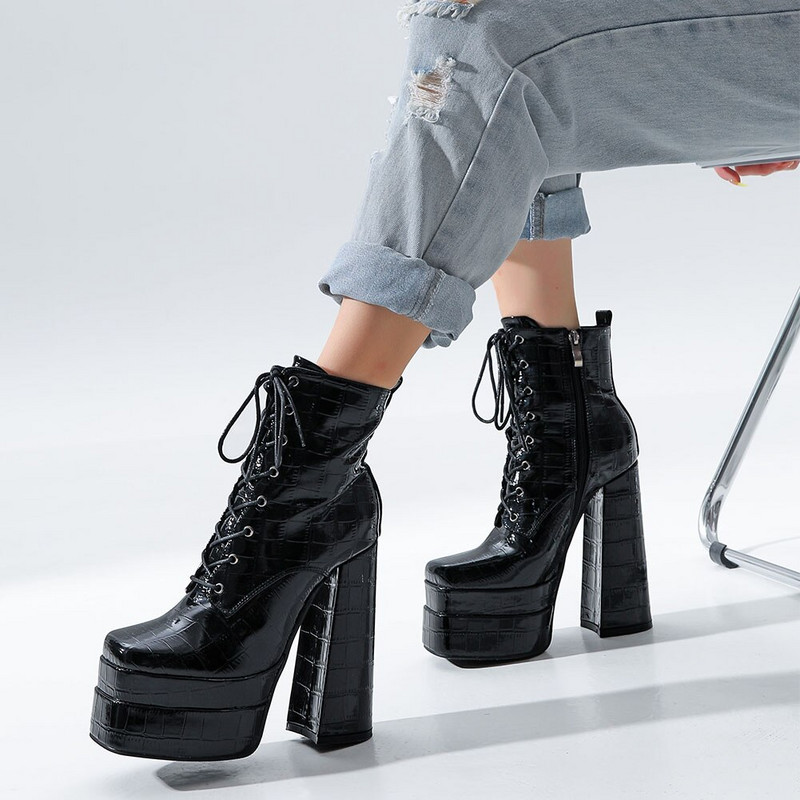 2022 Νέα γυναικεία μποτάκια αστραγάλου τετράγωνα ψηλοτάκουνα ψηλοτάκουνα παλτφόρμα γυναικεία παπούτσια Γυναικεία παπούτσια Pu Soild Color Lace Up Κοντές μπότες