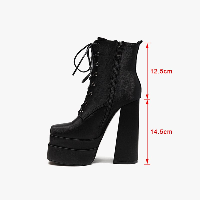 2022 Νέα γυναικεία μποτάκια αστραγάλου τετράγωνα ψηλοτάκουνα ψηλοτάκουνα παλτφόρμα γυναικεία παπούτσια Γυναικεία παπούτσια Pu Soild Color Lace Up Κοντές μπότες