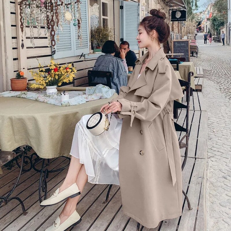 Korejski modni dugi trenčkot Ženski proljeće Klasični remen na rever Kaki Chaqueta Mujer Streetwear Manteau Femme s dvostrukim kopčanjem