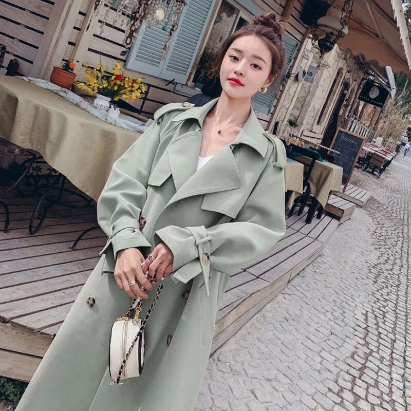 Korejski modni dugi trenčkot Ženski proljeće Klasični remen na rever Kaki Chaqueta Mujer Streetwear Manteau Femme s dvostrukim kopčanjem