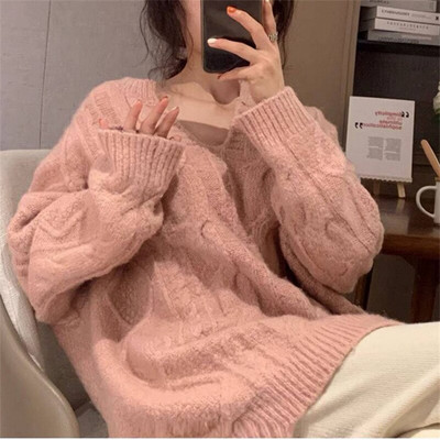 Πουλόβερ με λαιμόκοψη με λαιμόκοψη Γυναικείο πουλόβερ με νέο μονόχρωμο Πλεκτό πουλόβερ σε χαλαρό στυλ, το φθινόπωρο και το χειμώνα