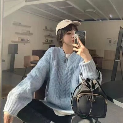 Πουλόβερ με λαιμόκοψη με λαιμόκοψη Γυναικείο πουλόβερ με νέο μονόχρωμο Πλεκτό πουλόβερ σε χαλαρό στυλ, το φθινόπωρο και το χειμώνα