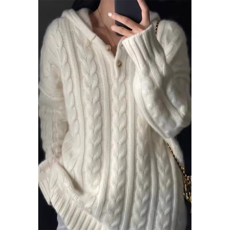 Jauns rudens un ziemas biezs, savīti vilnas kapucis brīvs pulovers džemperis ar kapuci Lazy Wind Twist trikotāžas vilnas pamatne