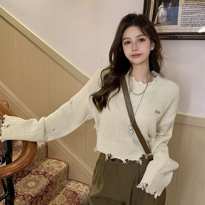 MEXZT Harajuku Hole Γυναικεία υπερμεγέθη Cropped πλεκτό πουλόβερ Κορεάτικη μόδα Χαλαρά πουλόβερ Φθινόπωρο Χειμώνας casual μακρυμάνικο μπλουζάκια