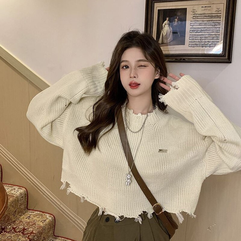 MEXZT Harajuku Hole Γυναικεία υπερμεγέθη Cropped πλεκτό πουλόβερ Κορεάτικη μόδα Χαλαρά πουλόβερ Φθινόπωρο Χειμώνας casual μακρυμάνικο μπλουζάκια