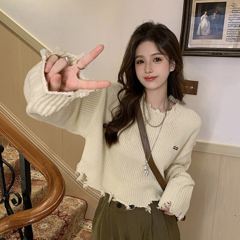 MEXZT Harajuku Hole Γυναικεία υπερμεγέθη Cropped πλεκτό πουλόβερ Κορεάτικη μόδα Χαλαρά πουλόβερ Φθινόπωρο Χειμώνας casual μακρυμάνικο μπλουζάκια