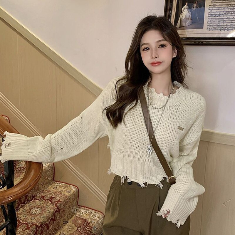 MEXZT Harajuku Hole Γυναικεία υπερμεγέθη Cropped πλεκτό πουλόβερ Κορεάτικη μόδα Χαλαρά πουλόβερ Φθινόπωρο Χειμώνας casual μακρυμάνικο μπλουζάκια