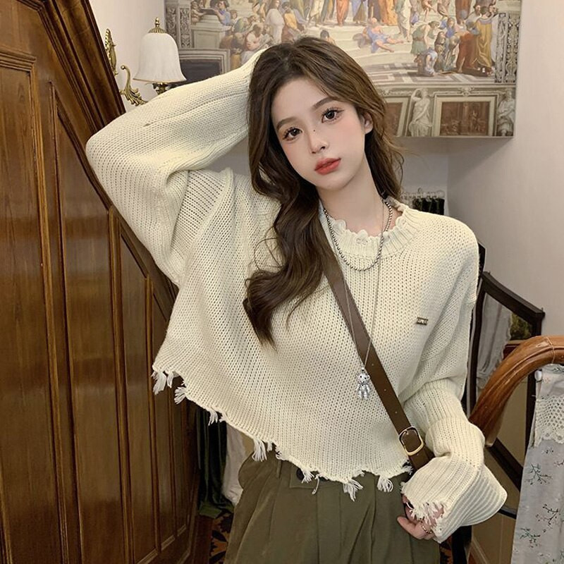 MEXZT Harajuku Hole Γυναικεία υπερμεγέθη Cropped πλεκτό πουλόβερ Κορεάτικη μόδα Χαλαρά πουλόβερ Φθινόπωρο Χειμώνας casual μακρυμάνικο μπλουζάκια