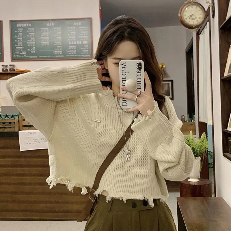 MEXZT Harajuku Hole Γυναικεία υπερμεγέθη Cropped πλεκτό πουλόβερ Κορεάτικη μόδα Χαλαρά πουλόβερ Φθινόπωρο Χειμώνας casual μακρυμάνικο μπλουζάκια