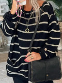 Prugasti zimski pulover Ženski ležerni široki pleteni džemper Vintage pletenina dugih rukava Modni topli džemper s O-izrezom i džepom