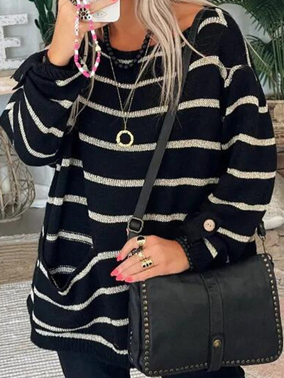 Prugasti zimski pulover Ženski ležerni široki pleteni džemper Vintage pletenina dugih rukava Modni topli džemper s O-izrezom i džepom