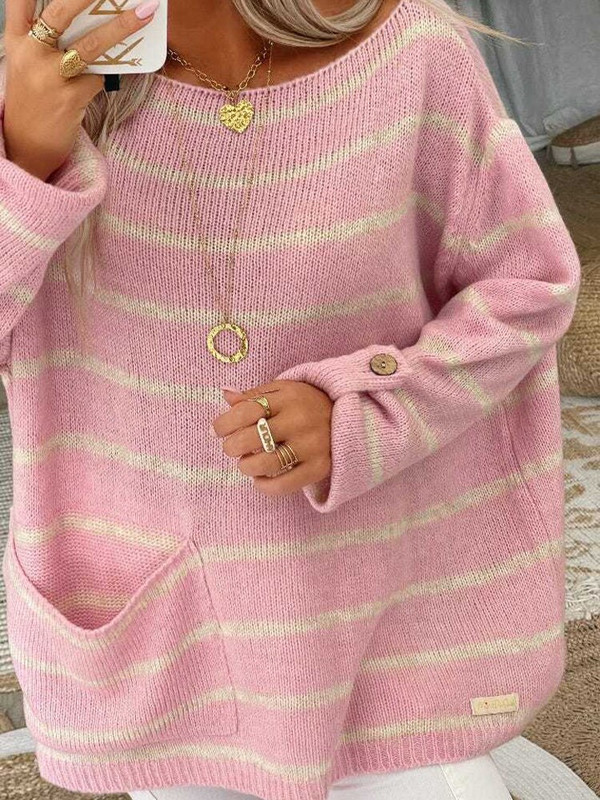 Prugasti zimski pulover Ženski ležerni široki pleteni džemper Vintage pletenina dugih rukava Modni topli džemper s O-izrezom i džepom