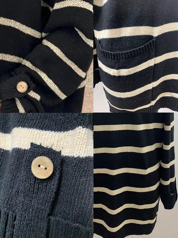 Prugasti zimski pulover Ženski ležerni široki pleteni džemper Vintage pletenina dugih rukava Modni topli džemper s O-izrezom i džepom