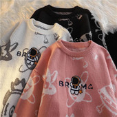 Alien Embroidery Ροζ Πουλόβερ Γυναικείο Μπουφάν Φθινόπωρο Χειμώνας Χαλαρό Χειμώνα σε στυλ Vintage Πλεκτό Ζευγάρι Streetwear Y2K Παλτό πουλόβερ