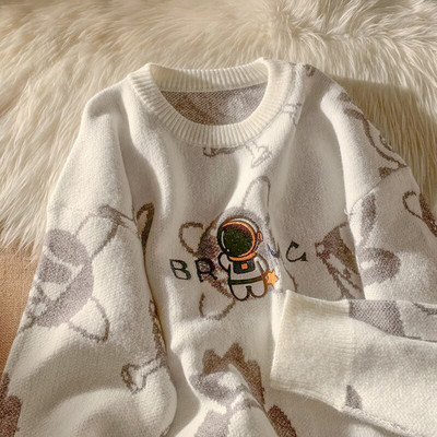 Alien Embroidery Ροζ Πουλόβερ Γυναικείο Μπουφάν Φθινόπωρο Χειμώνας Χαλαρό Χειμώνα σε στυλ Vintage Πλεκτό Ζευγάρι Streetwear Y2K Παλτό πουλόβερ