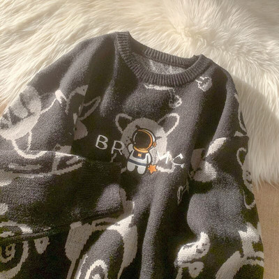 Alien Embroidery Ροζ Πουλόβερ Γυναικείο Μπουφάν Φθινόπωρο Χειμώνας Χαλαρό Χειμώνα σε στυλ Vintage Πλεκτό Ζευγάρι Streetwear Y2K Παλτό πουλόβερ