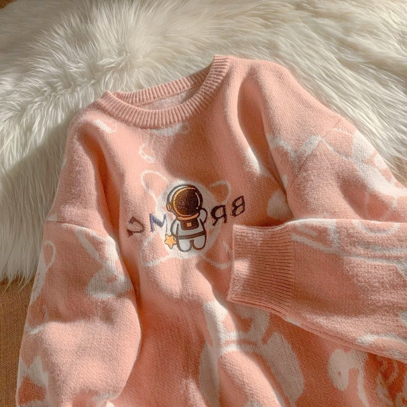 Alien Embroidery Ροζ Πουλόβερ Γυναικείο Μπουφάν Φθινόπωρο Χειμώνας Χαλαρό Χειμώνα σε στυλ Vintage Πλεκτό Ζευγάρι Streetwear Y2K Παλτό πουλόβερ