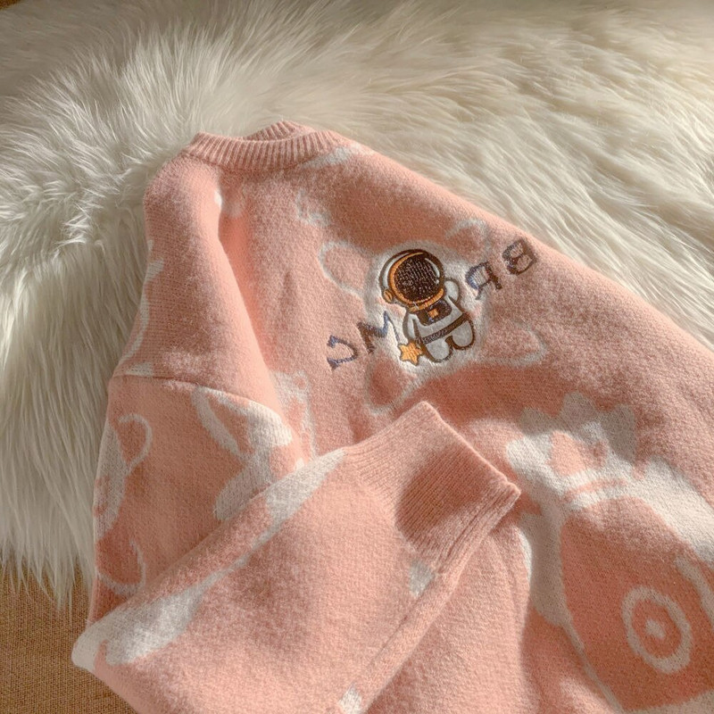 Alien Embroidery Ροζ Πουλόβερ Γυναικείο Μπουφάν Φθινόπωρο Χειμώνας Χαλαρό Χειμώνα σε στυλ Vintage Πλεκτό Ζευγάρι Streetwear Y2K Παλτό πουλόβερ