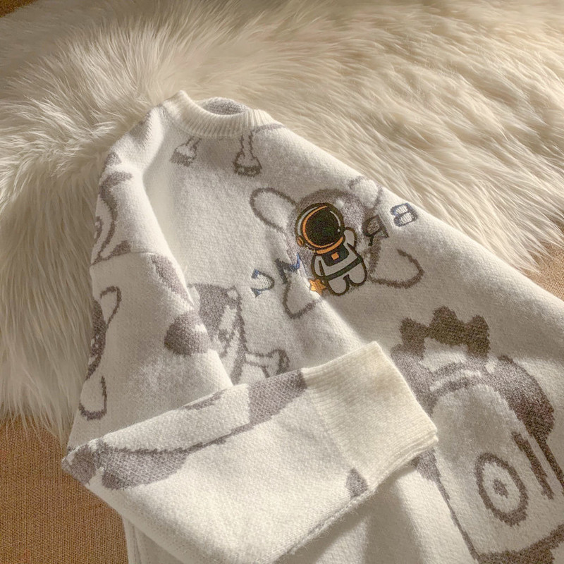 Alien Embroidery Ροζ Πουλόβερ Γυναικείο Μπουφάν Φθινόπωρο Χειμώνας Χαλαρό Χειμώνα σε στυλ Vintage Πλεκτό Ζευγάρι Streetwear Y2K Παλτό πουλόβερ