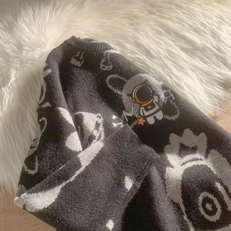 Alien Embroidery Ροζ Πουλόβερ Γυναικείο Μπουφάν Φθινόπωρο Χειμώνας Χαλαρό Χειμώνα σε στυλ Vintage Πλεκτό Ζευγάρι Streetwear Y2K Παλτό πουλόβερ