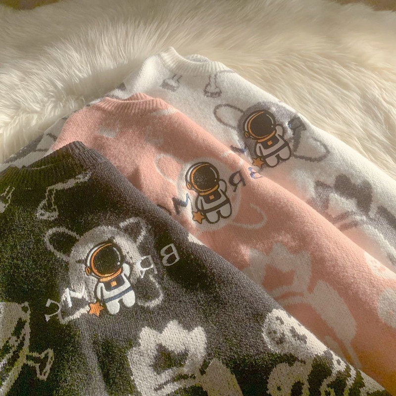 Alien Embroidery Ροζ Πουλόβερ Γυναικείο Μπουφάν Φθινόπωρο Χειμώνας Χαλαρό Χειμώνα σε στυλ Vintage Πλεκτό Ζευγάρι Streetwear Y2K Παλτό πουλόβερ