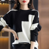 Apaļa kakla krāsas kontrasta trikotāža Sieviešu augstākās klases krāsas kontrasta džemperis brīvs krekls rudens un ziemas vairumtirdzniecība