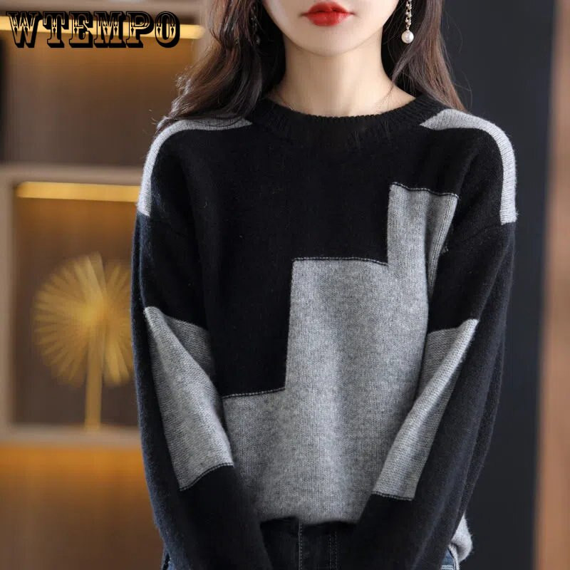 Apaļa kakla krāsas kontrasta trikotāža Sieviešu augstākās klases krāsas kontrasta džemperis brīvs krekls rudens un ziemas vairumtirdzniecība