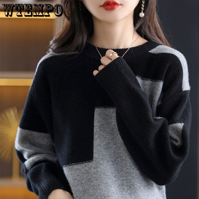 Apaļa kakla krāsas kontrasta trikotāža Sieviešu augstākās klases krāsas kontrasta džemperis brīvs krekls rudens un ziemas vairumtirdzniecība