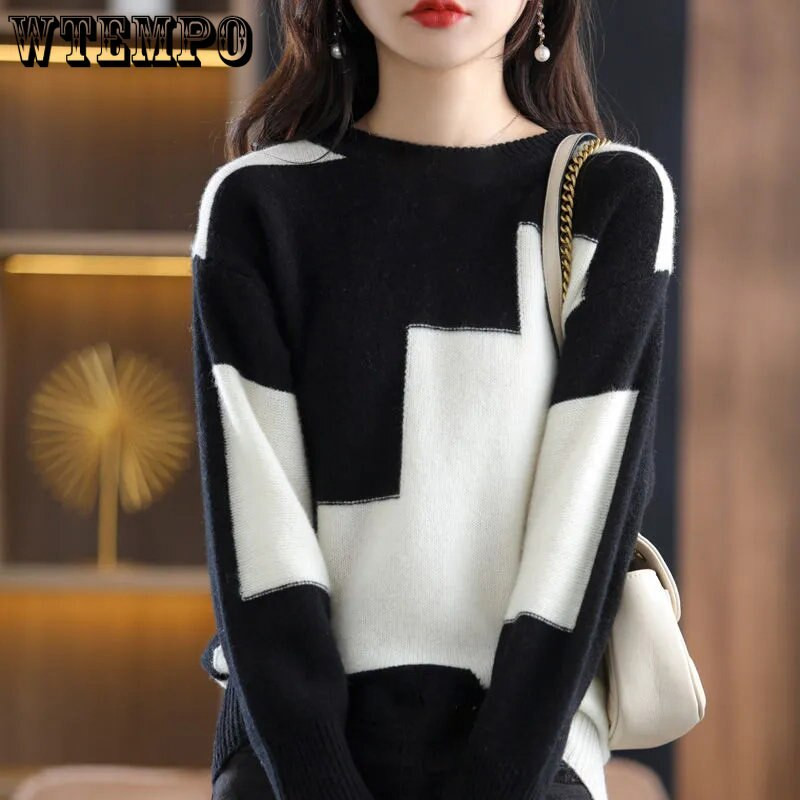 Apaļa kakla krāsas kontrasta trikotāža Sieviešu augstākās klases krāsas kontrasta džemperis brīvs krekls rudens un ziemas vairumtirdzniecība