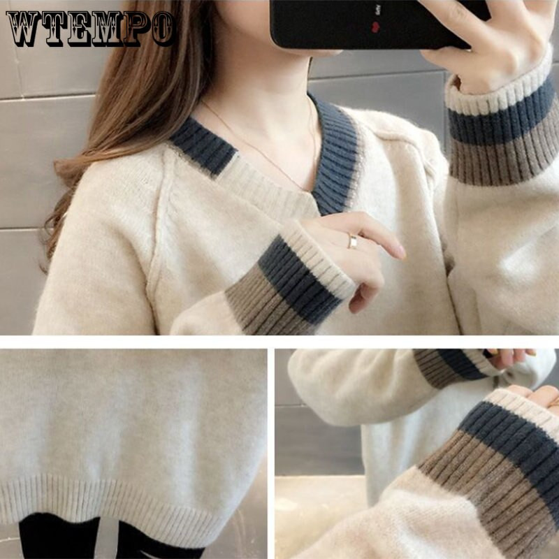 Brīvs un plāns V veida kakla izgriezuma kontrasta krāsas šuvju džemperis korejiešu versijā, ko var valkāt ārpusē. Blūze ar trikotāžas apakšu