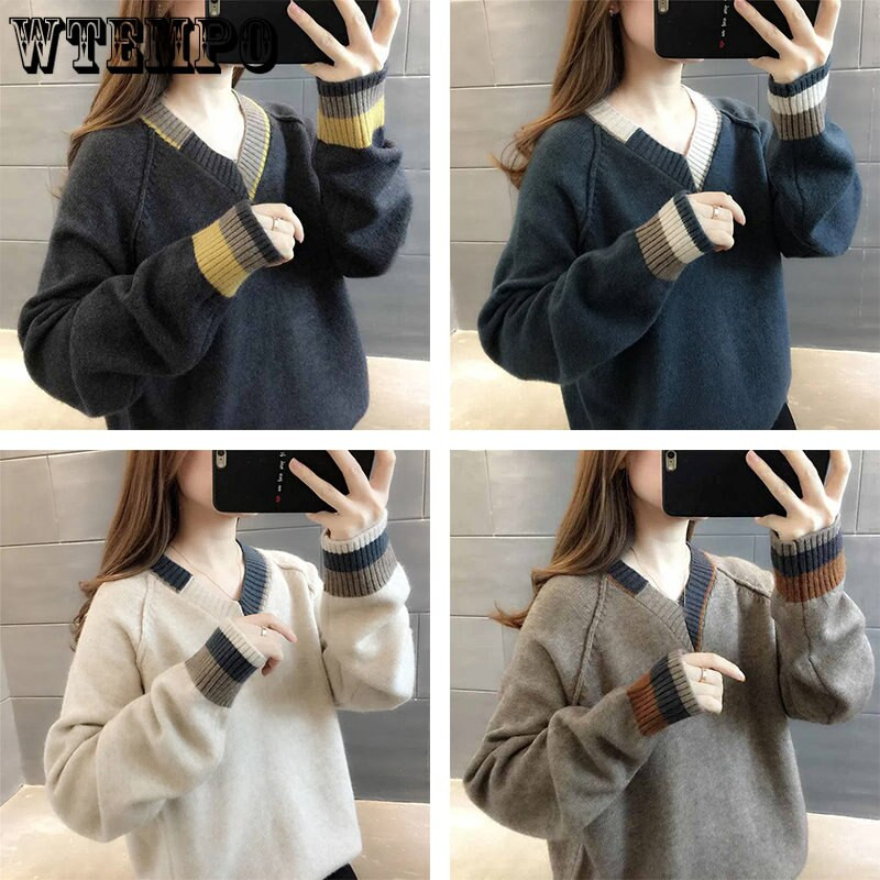 Brīvs un plāns V veida kakla izgriezuma kontrasta krāsas šuvju džemperis korejiešu versijā, ko var valkāt ārpusē. Blūze ar trikotāžas apakšu