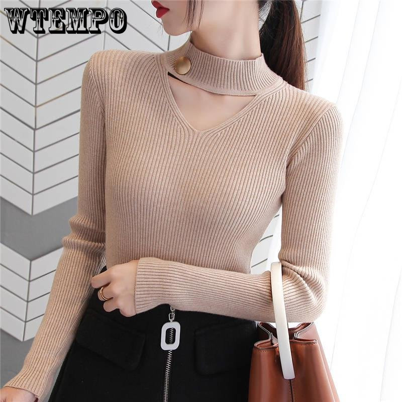 Hollow Hanging Neck V-neck Careful Machine Λεπτό μακρυμάνικο πουλόβερ Γυναικεία Basic Πουλόβερ Χονδρική