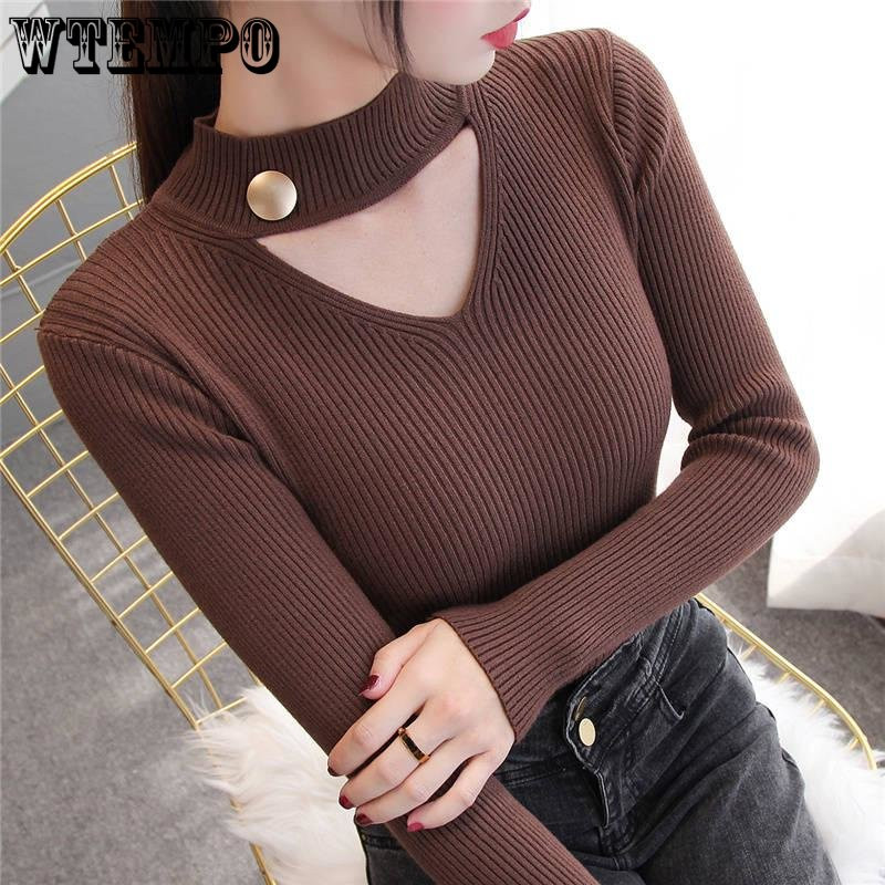 Hollow Hanging Neck V-neck Careful Machine Λεπτό μακρυμάνικο πουλόβερ Γυναικεία Basic Πουλόβερ Χονδρική