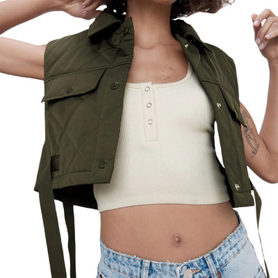 Puloru sieviešu veste vienkrāsains bez piedurknēm, pogāms, apgriezts virsdrēbes ikdienas rudens ziemas polsterēta veste