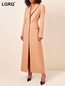 [LGRQ] Ženski trenč kaput, novi jednobojni kaput s dugim rukavima, širokim urezima i visokim strukom, vjetrovka Fashion Tide Jesen 2022. 19J332