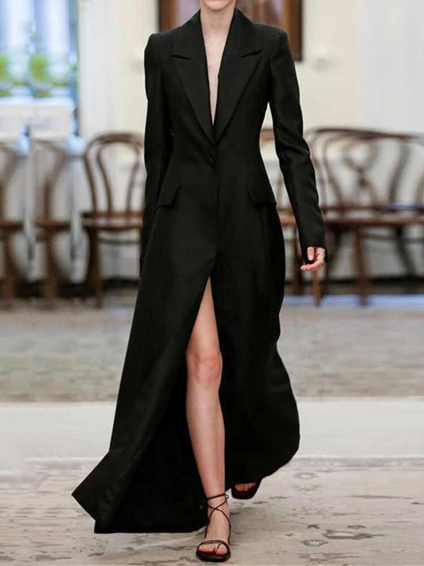 [LGRQ] Ženski trenč kaput, novi jednobojni kaput s dugim rukavima, širokim urezima i visokim strukom, vjetrovka Fashion Tide Jesen 2022. 19J332