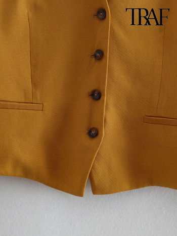 TRAF Γυναικεία ρούχα γραφείου Βασικό γιλέκο Vintage μπροστινά αμάνικα κουμπιά Γυναικεία πανωφόρια κομψά φανελάκια