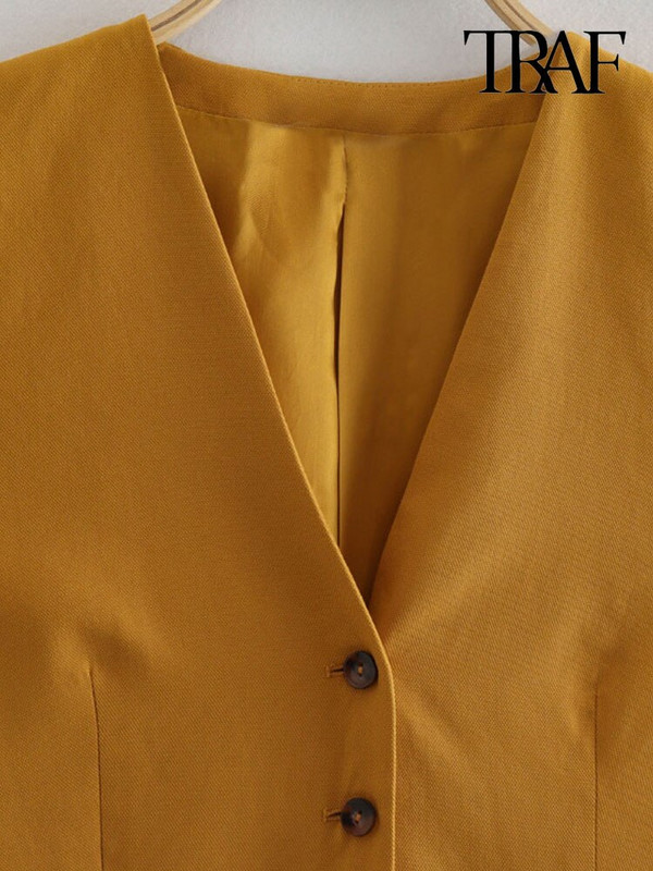 TRAF Sieviešu modes biroja apģērbs Pamata veste Vintage bez piedurknēm priekšpusē pogas Sieviešu virsdrēbes Eleganta veste topi