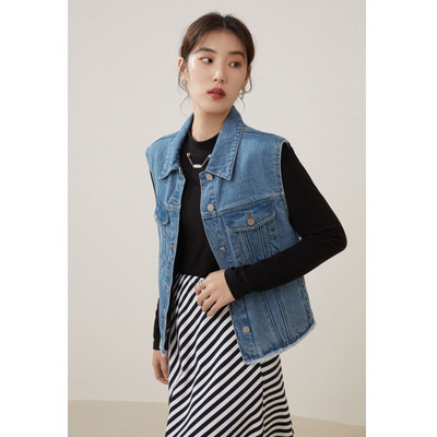 DUSHU Ženski traper prsluk s neobrađenim rubovima, novi, šik stil, tanak, unikatan, ležeran, ulični stil, cool djevojke, posebni ženski prsluci