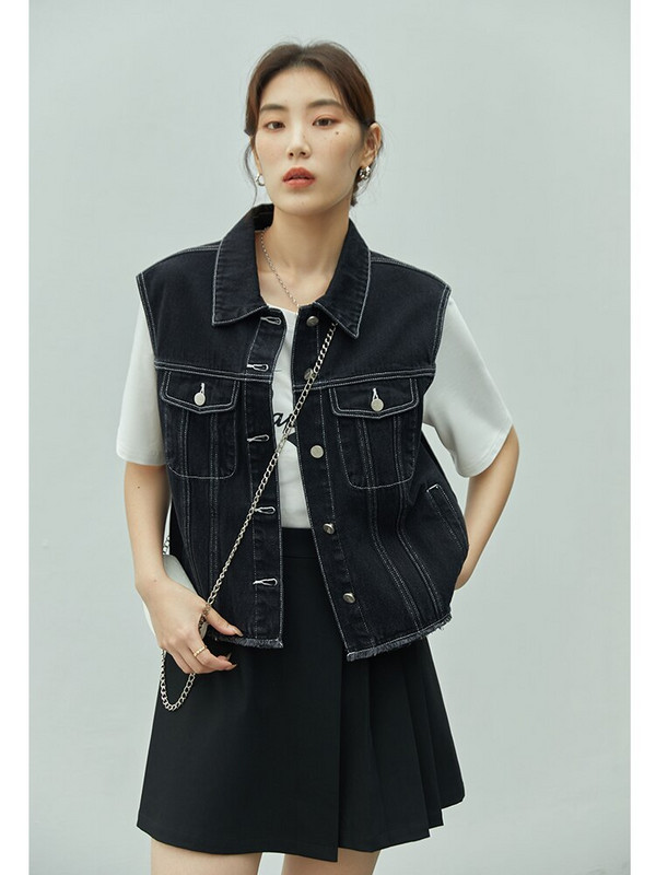 DUSHU Ženski traper prsluk s neobrađenim rubovima, novi, šik stil, tanak, unikatan, ležeran, ulični stil, cool djevojke, posebni ženski prsluci