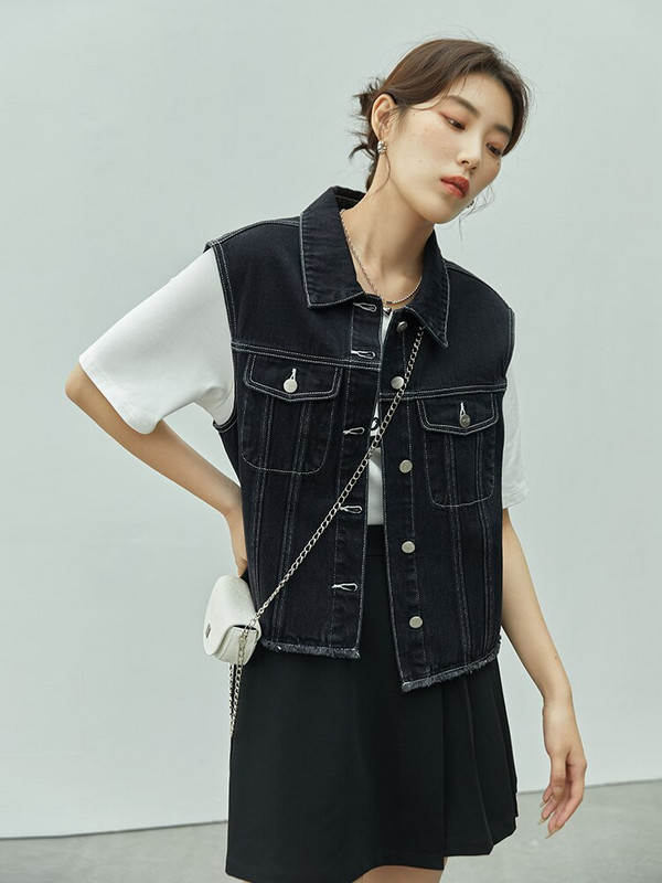 DUSHU Ženski traper prsluk s neobrađenim rubovima, novi, šik stil, tanak, unikatan, ležeran, ulični stil, cool djevojke, posebni ženski prsluci