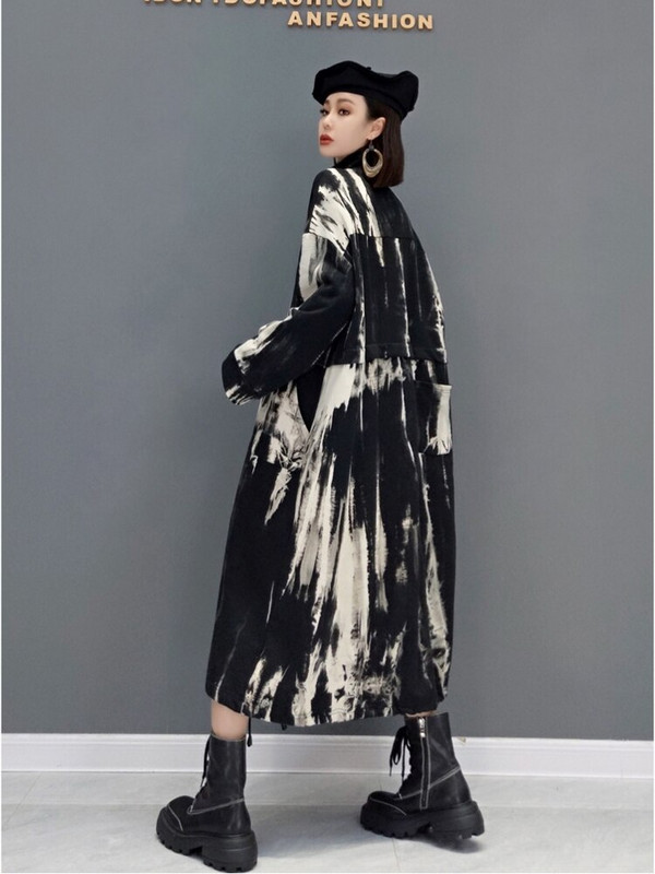 SHENGPALAE sieviešu mētelis brīvs ikdienas atloks ar garām piedurknēm apdruka kaklasaites krāsas apdruka vējjaka jauna 2022. gada rudens modes plūdmaiņas 5AE1364