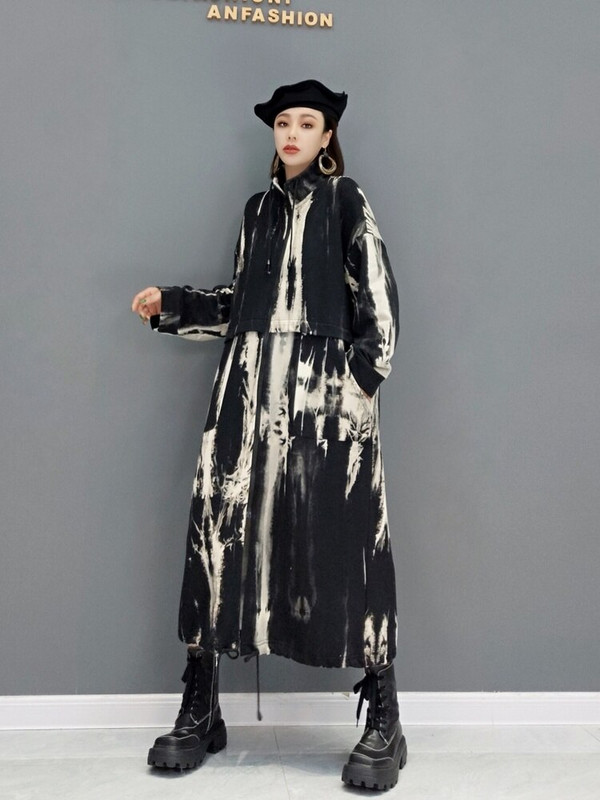 SHENGPALAE sieviešu mētelis brīvs ikdienas atloks ar garām piedurknēm apdruka kaklasaites krāsas apdruka vējjaka jauna 2022. gada rudens modes plūdmaiņas 5AE1364