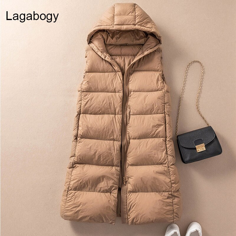 Lagabogy jauna ziemas sieviešu garā veste īpaši viegla, 90% balta pīles dūnu veste ar kapuci, sieviešu silts bez piedurknēm