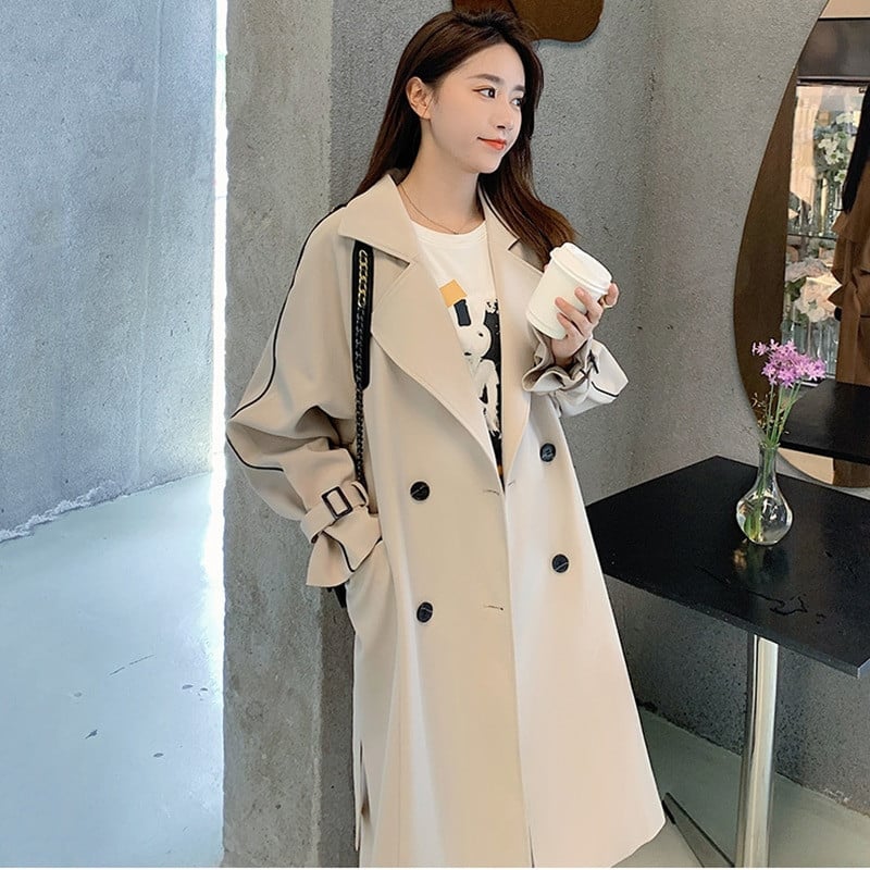 LANMREM 2022. gada rudens ziema, jauna vējjaka sievietēm, divrindu pārsējs vienkrāsains Trench mētelis, sieviešu modes apģērbs 2W1465