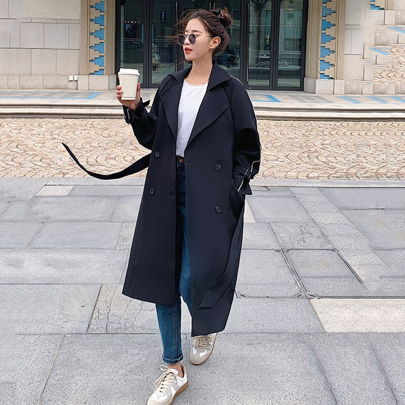 LANMREM 2022. gada rudens ziema, jauna vējjaka sievietēm, divrindu pārsējs vienkrāsains Trench mētelis, sieviešu modes apģērbs 2W1465