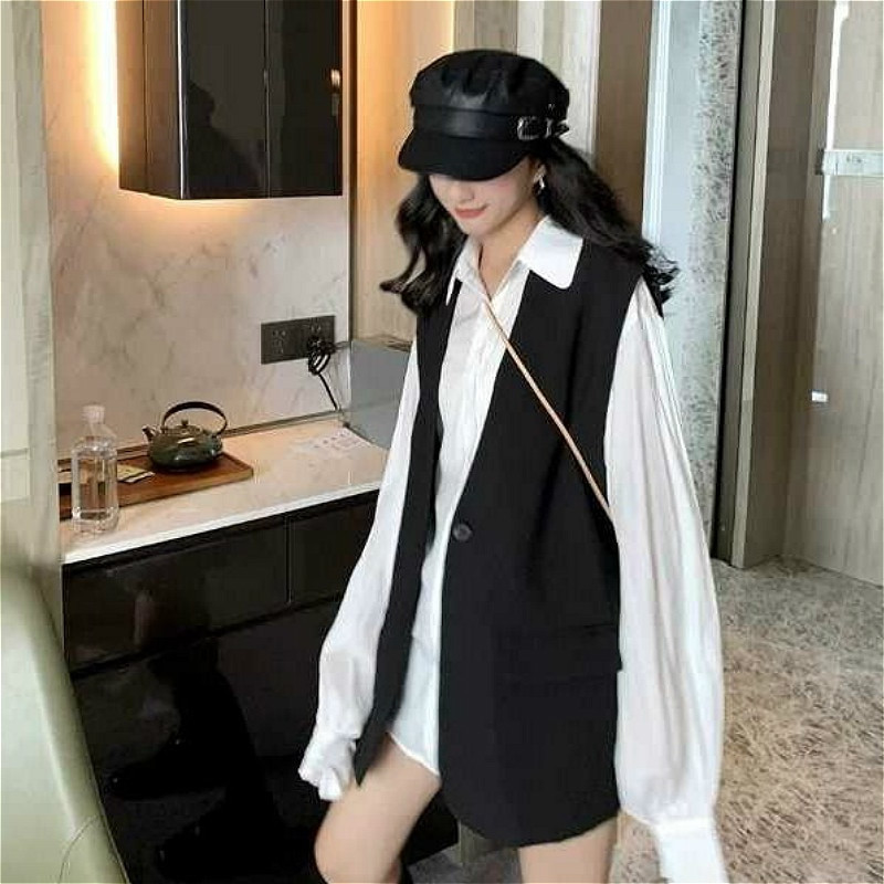 Ženski prsluci u korejskom stilu Studenti Bez rukava Tanki Raznobojni Ženski široki kauzalni jednobojni jednokopčani jednobojni gornja odjeća s V-izrezom Trendy Ins