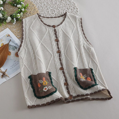 Φθινοπωρινό, Χειμερινό Ιαπωνικό στιλ Mori Κορίτσι, κεντημένη ζακέτα με ρετρό αμάνικο γυναικείο γιλέκο πουλόβερ